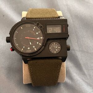 Diesel Black Case Watch with Olive Green Canvas Strap